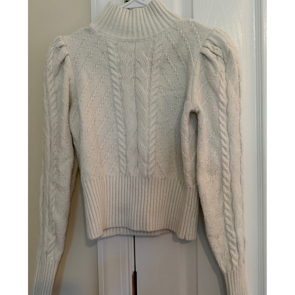 LOFT Women Cream White Cable Knit Puff Shoulder Mock Neck Sweater Size S